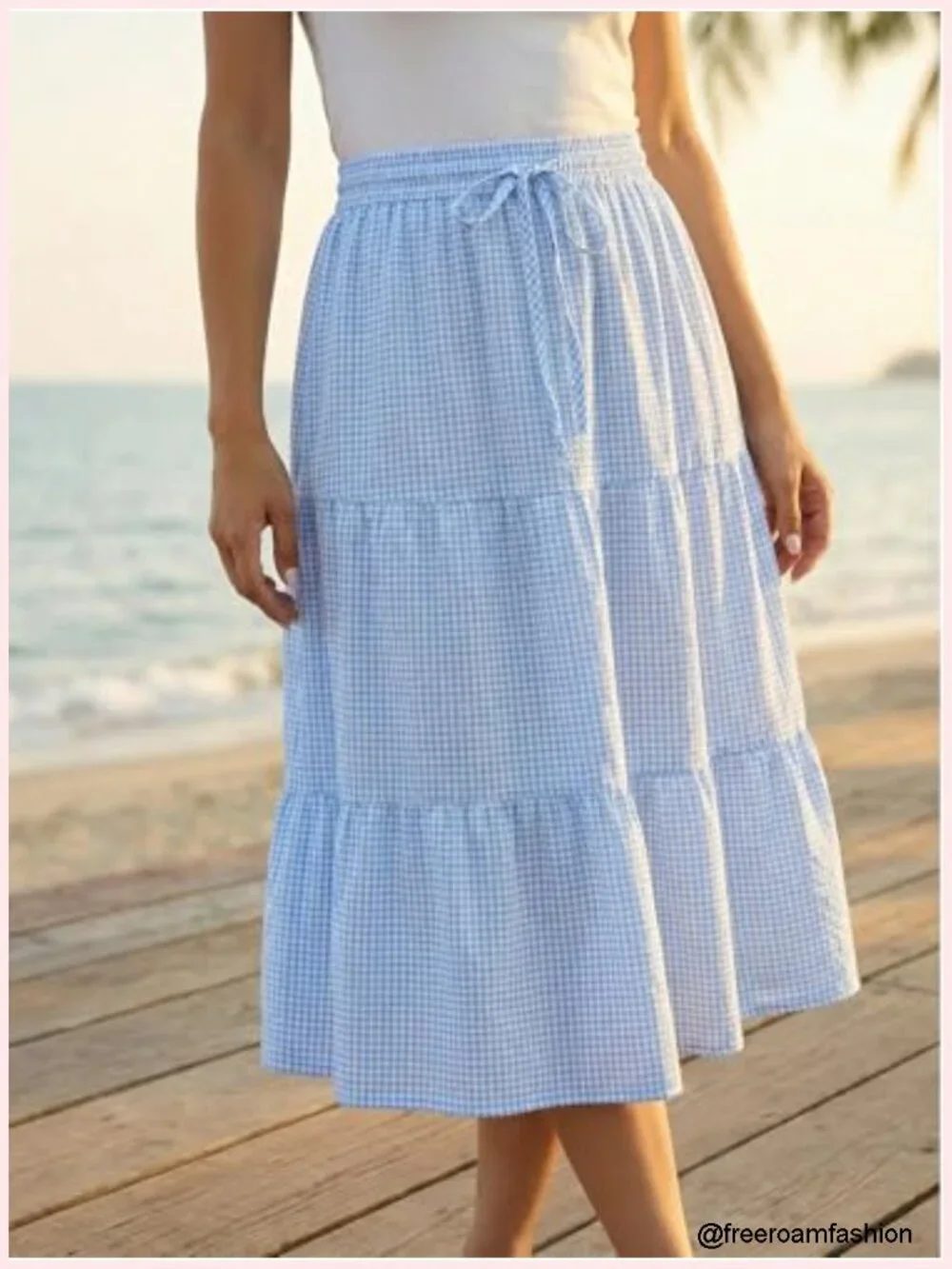 Women's Gingham Skirt Midi A-Line Tiered with Pockets Drawstring Waist